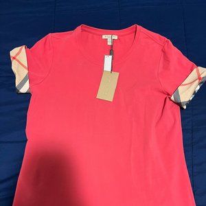 Women's Burberry Cuff Plaid Round Neck Short Sleeve T-shirt Red Size Large NWT